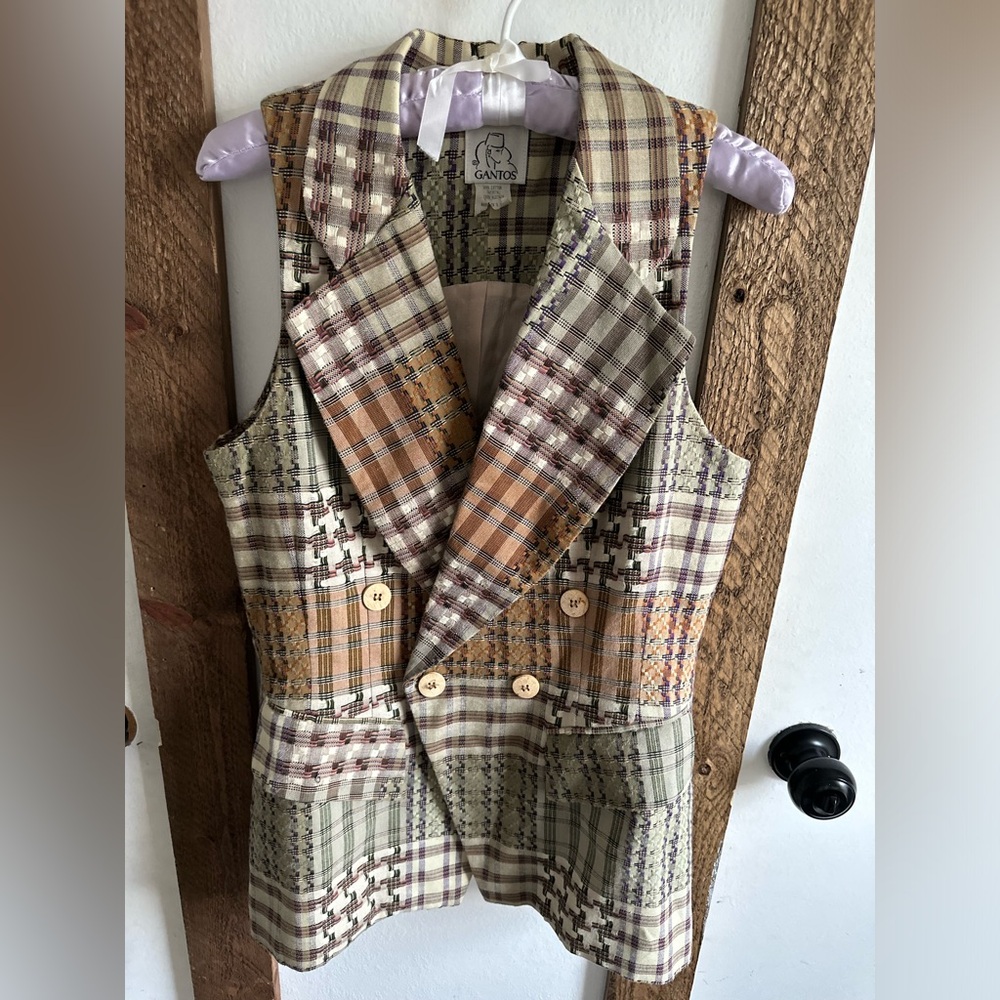Gantos Women's Patchwork Plaid Double-Breasted Vest in Olive & Tan - Picture 8 of 13